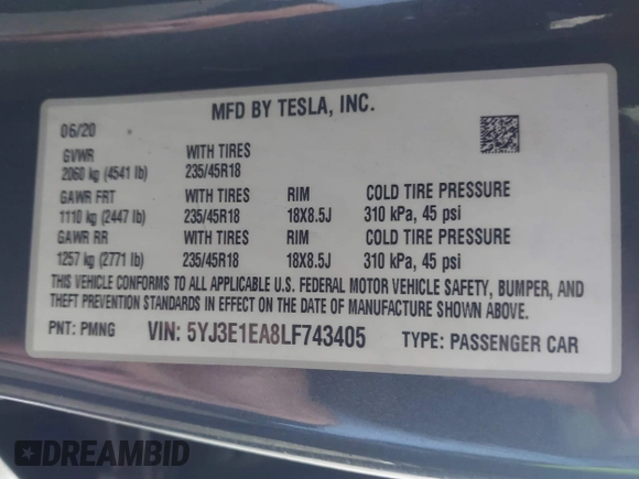 2020 Tesla Model 3 Standard Range Plus with VIN 5YJ3E1EA8LF743405, listed as a IAAI auction lot 41923592 with 81,901 mi miles. Bid and sale history available at carsss.com. Image 9.