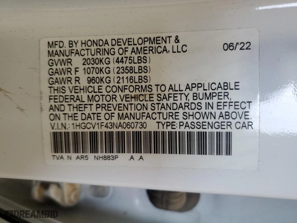 2022 Honda Accord Sedan Sport SE with VIN 1HGCV1F43NA060730, listed as a Copart auction lot 44412325 with 25,159 mi miles and Salvage Title. Bid and sale history available at carsss.com. Image 14.