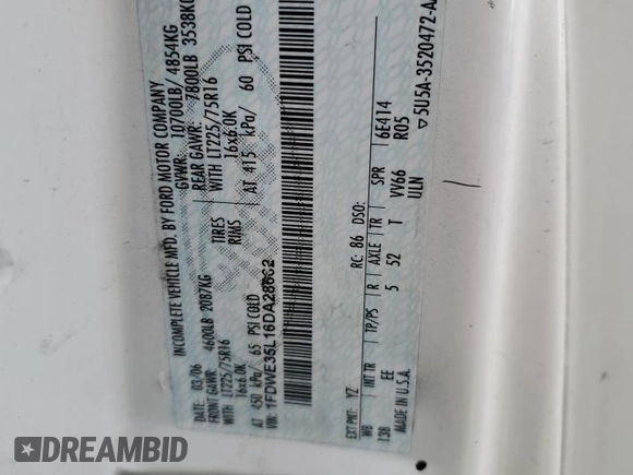 2006 Ford Econoline Commercial с VIN 1FDWE35L16DA28662, выставлен на аукционе Copart как лот 57047885 с пробегом 152 159 миль миль и Чистый • Clean title. История ставок и продаж доступна на DreamBid. Изображение 13.
