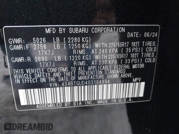 2025 Subaru Outback Wilderness with VIN 4S4BTGUD4S3104994, listed as a IAAI auction lot 41674112 with 12,265 mi miles. Bid and sale history available at carsss.com. Image 9.