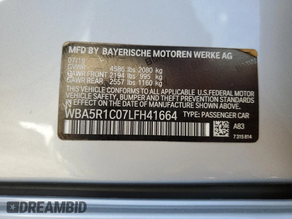 2020 BMW 3 Series 330i with VIN WBA5R1C07LFH41664, listed as a Copart auction lot 82163114 with Not Provided miles and Non Repairable. Bid and sale history available at DreamBid. Image 13.