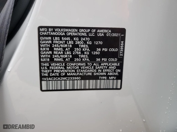 2021 Volkswagen Atlas Cross Sport 2.0T S with VIN 1V2AC2CA2MC233960, listed as a Copart auction lot 60960433 with 17,093 mi miles. Bid and sale history available at carsss.com. Image 14.