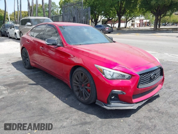 2022 Infiniti Q50 Red Sport 400 with VIN JN1FV7DP0NM370170, listed as a IAAI auction lot 41879005 with 29,272 mi miles and . Bid and sale history available at DreamBid. Image 1.