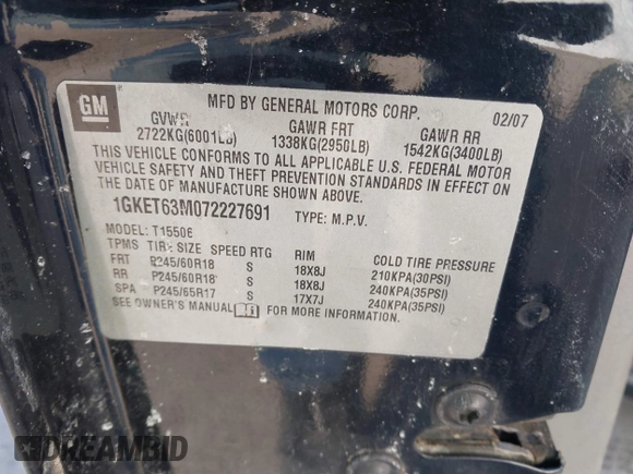 2007 GMC Envoy Denali with VIN 1GKET63M072227691, listed as a IAAI auction lot 41612371 with 154,001 mi miles. Bid and sale history available at carsss.com. Image 9.