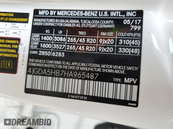 2017 Mercedes-Benz GLE 350 with VIN 4JGDA5HB7HA965487, listed as a Copart auction lot 51161165 with 79,540 mi miles and Salvage title. Bid and sale history available at DreamBid. Image 13.