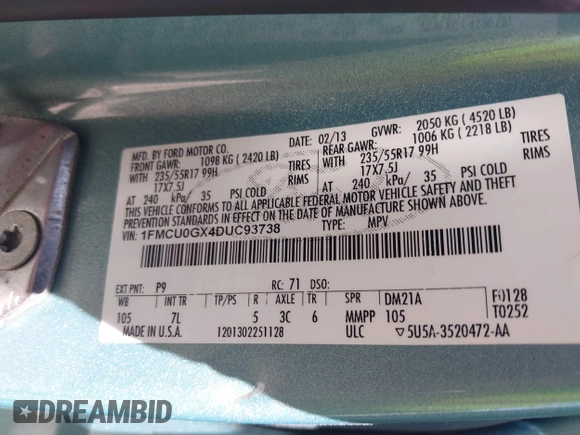 2013 Ford Escape SE z VIN 1FMCU0GX4DUC93738, wystawiony jako IAAI lot #42552635 z przebiegiem 167 729 mil mil oraz . Historia ofert i sprzedaży dostępna na DreamBid. Obrazek 9.