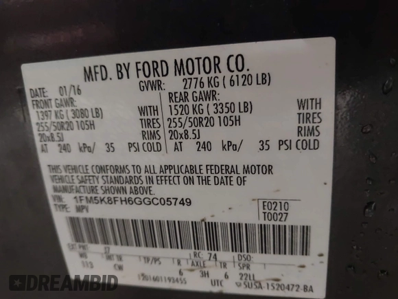 2016 Ford Explorer Limited with VIN 1FM5K8FH6GGC05749, listed as a IAAI auction lot 41409560 with 95,009 mi miles. Bid and sale history available at carsss.com. Image 9.