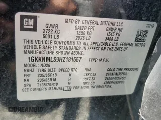 2017 GMC Acadia SLT with VIN 1GKKNMLS9HZ181657, listed as a Copart auction lot 59504455 with 93,260 mi miles and Salvage title. Bid and sale history available at DreamBid. Image 14.