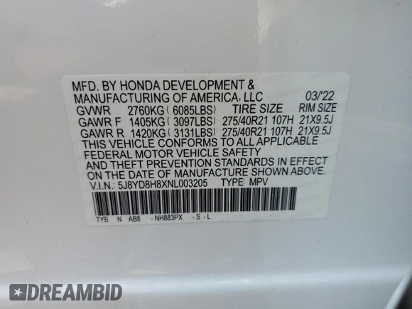 2022 Acura MDX Type S w/Advance Package with VIN 5J8YD8H8XNL003205, listed as a Copart auction lot 71120804 with 0 mi miles and Salvage Title. Bid and sale history available at carsss.com. Image 16.