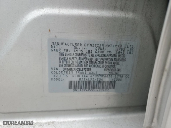 2014 Nissan Sentra S with VIN 3N1AB7AP2EL672402, listed as a Copart auction lot 51745145 with 164,430 mi miles and Salvage Title. Bid and sale history available at carsss.com. Image 13.