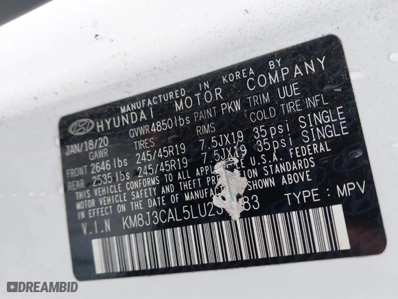 2020 Hyundai Tucson SEL with VIN KM8J3CAL5LU231183, listed as a IAAI auction lot 41509330 with 127,440 mi miles. Bid and sale history available at carsss.com. Image 9.