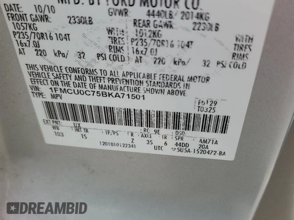 2011 Ford Escape XLS z VIN 1FMCU0C75BKA71501, wystawiony jako Copart lot #62614335 z przebiegiem 130 210 mil mil oraz Szkoda całkowita • Salvage title. Historia ofert i sprzedaży dostępna na DreamBid. Obrazek 12.