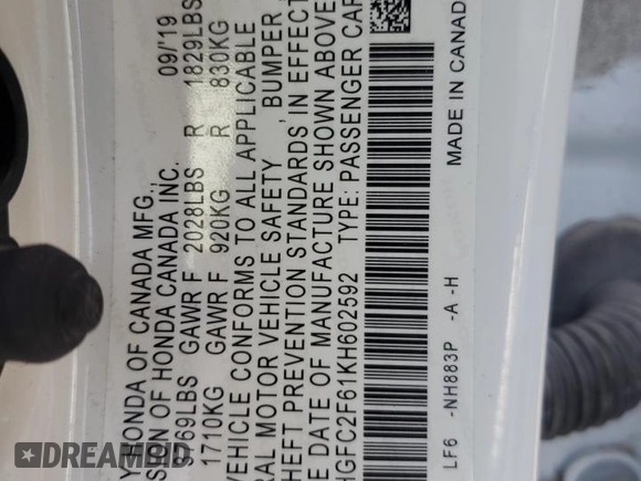 2019 Honda Civic LX with VIN 2HGFC2F61KH602592, listed as a Copart auction lot 49295655 with 96,526 mi miles and Salvage Title. Bid and sale history available at DreamBid. Image 12.