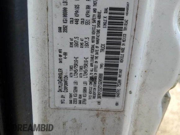 2001 Dodge Ram 2500 with VIN 3B7KF23Z71G205888, listed as a Copart auction lot 82687624 with 0 mi miles and Salvage Title. Bid and sale history available at carsss.com. Image 12.