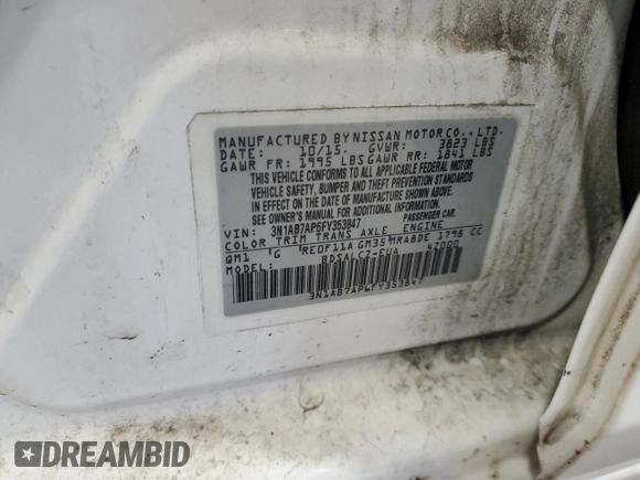 2015 Nissan Sentra SV with VIN 3N1AB7AP6FY353847, listed as a Copart auction lot 50944595 with 117,176 mi miles and Salvage Title. Bid and sale history available at carsss.com. Image 13.