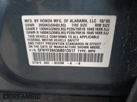2006 Honda Pilot EX with VIN 5FNYF28436B013517, listed as a IAAI auction lot 41607406 with 235,561 mi miles and . Bid and sale history available at DreamBid. Image 9.