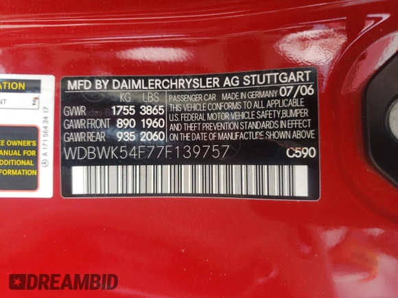 2007 Mercedes-Benz SLK 280 with VIN WDBWK54F77F139757, listed as a Copart auction lot 60968135 with 56,545 mi miles and Salvage title. Bid and sale history available at DreamBid. Image 12.