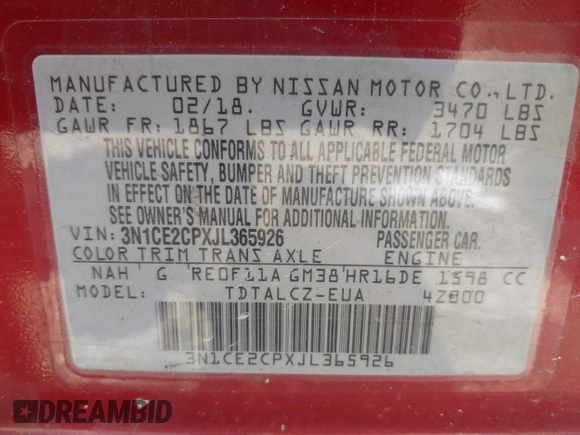 2018 Nissan Note SV с VIN 3N1CE2CPXJL365926, выставлен на аукционе IAAI как лот 42683415 с пробегом 106 554 миль миль и . История ставок и продаж доступна на DreamBid. Изображение 9.