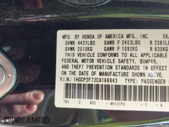 2012 Honda Accord EX with VIN 1HGCP2F73CA188943, listed as a IAAI auction lot 42480785 with 157,494 mi miles and . Bid and sale history available at DreamBid. Image 9.