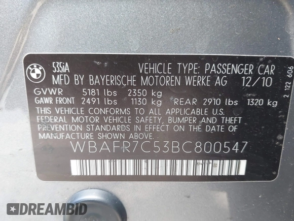 2011 BMW 5 Series 535i with VIN WBAFR7C53BC800547, listed as a IAAI auction lot 41510473 with 194,429 mi miles and . Bid and sale history available at carsss.com. Image 9.
