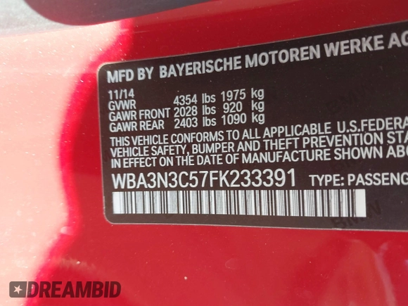 2015 BMW 4 Series 428i with VIN WBA3N3C57FK233391, listed as a IAAI auction lot 41260038 with 86,487 mi miles and . Bid and sale history available at DreamBid. Image 9.