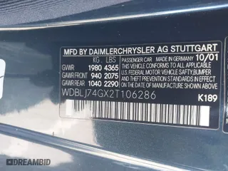 2002 Mercedes-Benz CLK-Class AMG with VIN WDBLJ74GX2T106286, listed as a IAAI auction lot 41737170 with 136,170 mi miles. Bid and sale history available at carsss.com. Image 9.