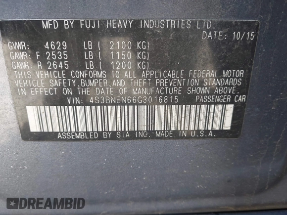 2016 Subaru Legacy 3.6R Limited with VIN 4S3BNEN66G3016815, listed as a IAAI auction lot 41741850 with 159,035 mi miles. Bid and sale history available at carsss.com. Image 9.
