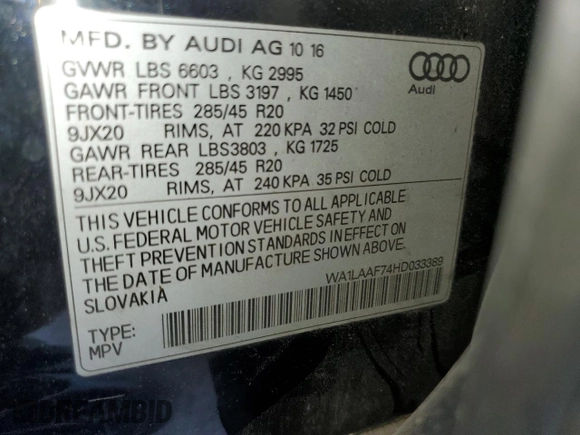 2017 Audi Q7 Premium Plus with VIN WA1LAAF74HD033389, listed as a Copart auction lot 55304985 with 107,853 mi miles and Clean Title. Bid and sale history available at DreamBid. Image 13.