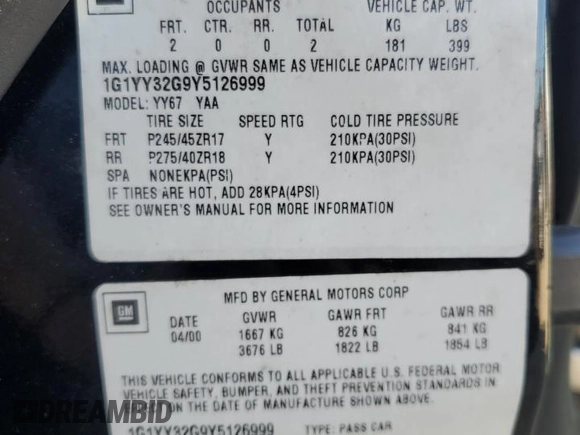 2000 Chevrolet Corvette with VIN 1G1YY32G9Y5126999, listed as a Copart auction lot 74913464 with 0 mi miles and Non Repairable. Bid and sale history available at carsss.com. Image 12.