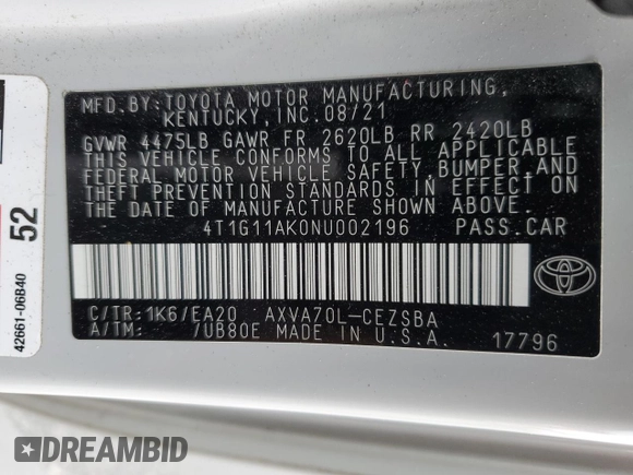 2022 Toyota Camry SE with VIN 4T1G11AK0NU002196, listed as a Copart auction lot 52739605 with 47,586 mi miles and Salvage Title. Bid and sale history available at DreamBid. Image 13.