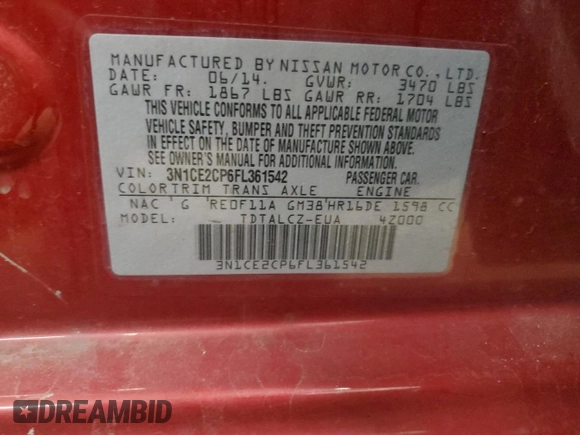 2015 Nissan Note SV with VIN 3N1CE2CP6FL361542, listed as a Copart auction lot 51166035 with 145,059 mi miles and Salvage Title. Bid and sale history available at DreamBid. Image 12.