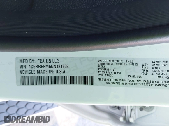 2022 Ram 1500 Big Horn with VIN 1C6RREFM6NN431903, listed as a IAAI auction lot 41377794 with 48,477 mi miles and . Bid and sale history available at DreamBid. Image 9.
