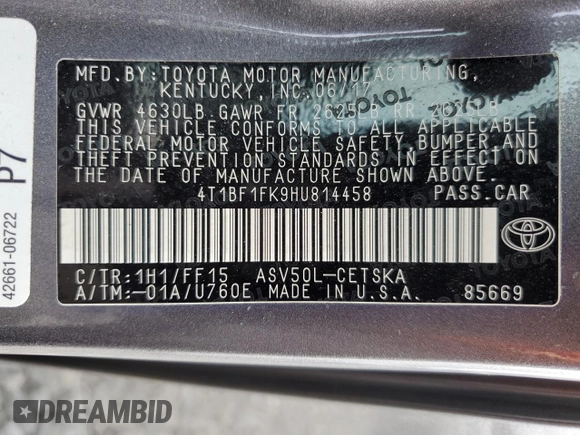 2017 Toyota Camry XLE z VIN 4T1BF1FK9HU814458, wystawiony jako Copart lot #59431165 z przebiegiem 227 269 mil mil oraz Szkoda całkowita • Salvage title. Historia ofert i sprzedaży dostępna na DreamBid. Obrazek 12.