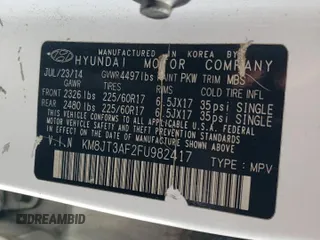2015 Hyundai Tucson GLS with VIN KM8JT3AF2FU982417, listed as a Copart auction lot 54242845 with 174,911 mi miles and Salvage Title. Bid and sale history available at DreamBid. Image 13.