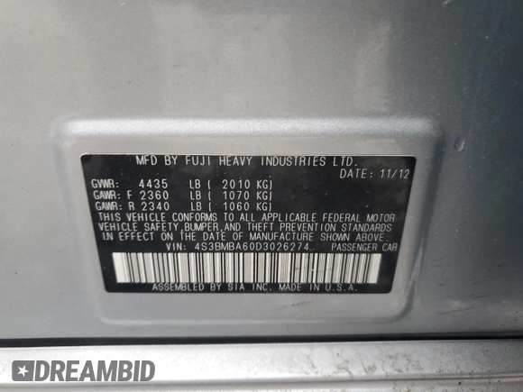 2013 Subaru Legacy 2.5i z VIN 4S3BMBA60D3026274, wystawiony jako Copart lot #51160175 z przebiegiem 68 026 mil mil oraz Szkoda całkowita • Salvage title. Historia ofert i sprzedaży dostępna na DreamBid. Obrazek 12.