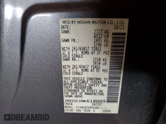 2022 Nissan Frontier SV with VIN 1N6ED1EJ4NN618009, listed as a Copart auction lot 61503845 with 61,743 mi miles and Salvage title. Bid and sale history available at DreamBid. Image 12.