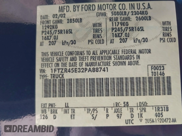 2002 Ford Ranger XL Fleet with VIN 1FTZR45E32PA88741, listed as a IAAI auction lot 42196048 with 105,309 mi miles. Bid and sale history available at carsss.com. Image 9.
