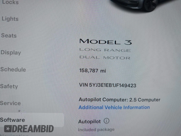 2018 Tesla Model 3 Long Range Battery with VIN 5YJ3E1EB1JF149423, listed as a IAAI auction lot 41896090 with 158,787 mi miles and . Bid and sale history available at DreamBid. Image 7.