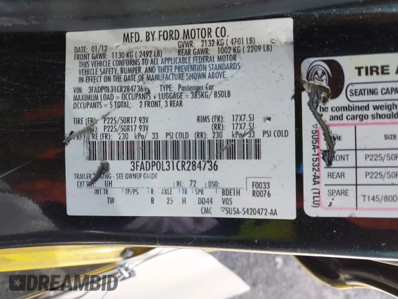 2012 Ford Fusion Hybrid with VIN 3FADP0L31CR284736, listed as a IAAI auction lot 42246142 with 384,612 mi miles and . Bid and sale history available at DreamBid. Image 9.