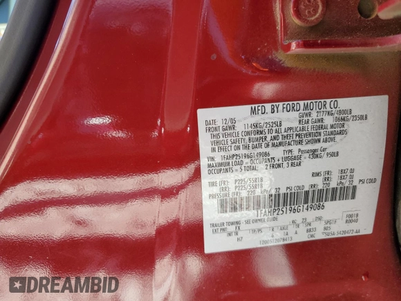 2006 Ford Five Hundred Limited with VIN 1FAHP25196G149086, listed as a Copart auction lot 82880744 with 82,805 mi miles and Salvage Title. Bid and sale history available at carsss.com. Image 14.
