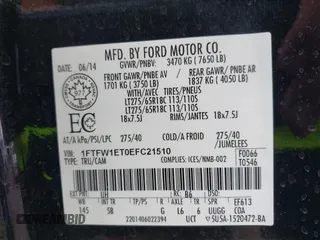 2014 Ford F-150 XL with VIN 1FTFW1ET0EFC21510, listed as a IAAI auction lot 42646508 with 94,006 mi miles and . Bid and sale history available at DreamBid. Image 9.