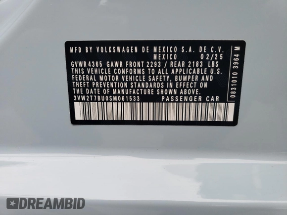 2025 Volkswagen Jetta GLI Autobahn z VIN 3VW2T7BU0SM061533, wystawiony jako Copart lot #57468185 z przebiegiem 175 mil mil oraz Szkody całkowita. Historia ofert i sprzedaży dostępna na DreamBid. Obrazek 12.