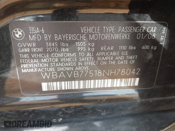 2008 BMW 3 Series 335i z VIN WBAVB77518NH78042, wystawiony jako IAAI lot #42267735 z przebiegiem Nie podano mil oraz . Historia ofert i sprzedaży dostępna na DreamBid. Obrazek 9.