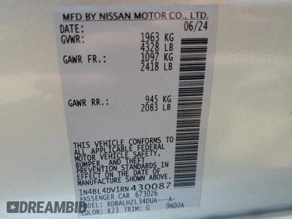 2024 Nissan Altima 2.5 SV with VIN 1N4BL4DV1RN430087, listed as a Copart auction lot 54752535 with 20,549 mi miles and Clean Title. Bid and sale history available at carsss.com. Image 12.