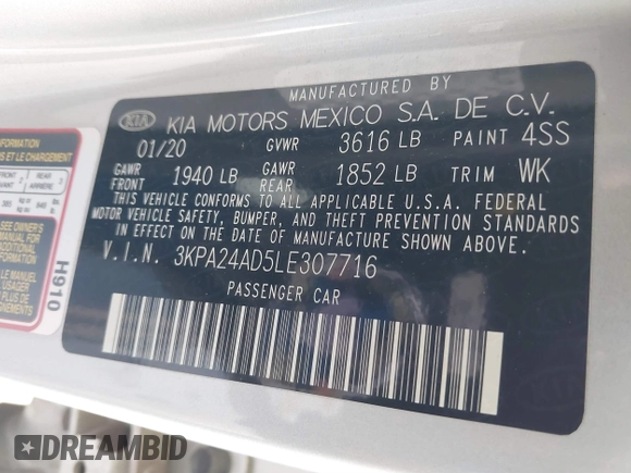 2020 Kia Rio LX with VIN 3KPA24AD5LE307716, listed as a IAAI auction lot 41774665 with 16,741 mi miles and . Bid and sale history available at DreamBid. Image 9.