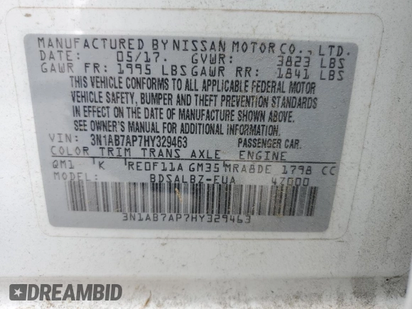 2017 Nissan Sentra S with VIN 3N1AB7AP7HY329463, listed as a Copart auction lot 61061445 with 68,677 mi miles and Clean title. Bid and sale history available at DreamBid. Image 12.