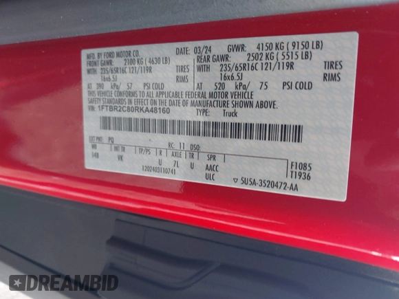 2024 Ford Transit Cargo z VIN 1FTBR2C80RKA48160, wystawiony jako IAAI lot #40732677 z przebiegiem 2 844 mil mil oraz . Historia ofert i sprzedaży dostępna na DreamBid. Obrazek 9.