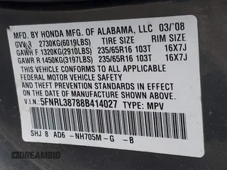 2008 Honda Odyssey EX-L with VIN 5FNRL38788B414027, listed as a IAAI auction lot 41620942 with 138,725 mi miles. Bid and sale history available at carsss.com. Image 9.