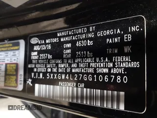2016 Kia Optima SX Turbo with VIN 5XXGW4L27GG106780, listed as a IAAI auction lot 41586007 with 114,756 mi miles and . Bid and sale history available at carsss.com. Image 9.