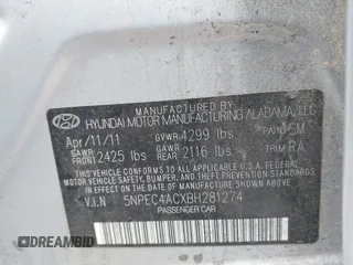 2011 Hyundai Sonata SE with VIN 5NPEC4ACXBH281274, listed as a IAAI auction lot 41433159 with 211,652 mi miles. Bid and sale history available at carsss.com. Image 9.